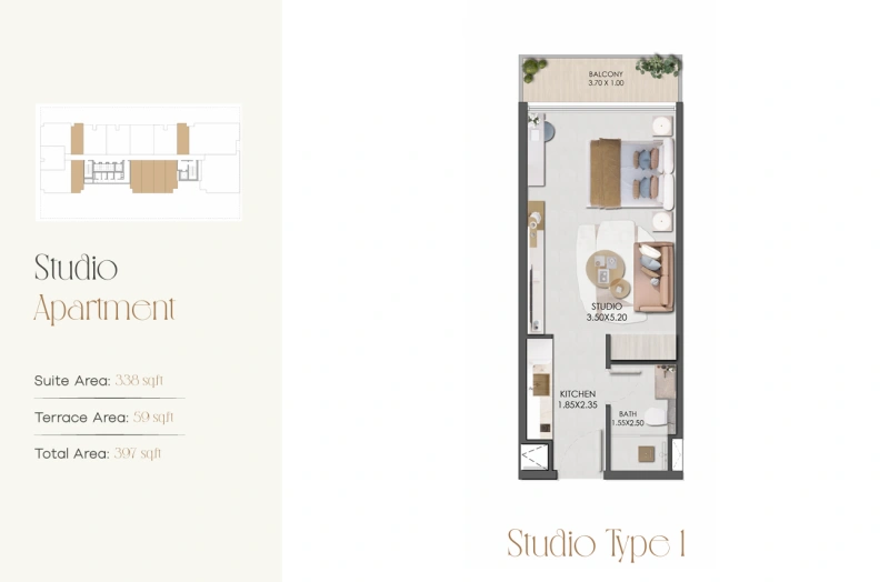 Geräumiges Studio-Apartment mit modernem Design und stilvollem Layout.
