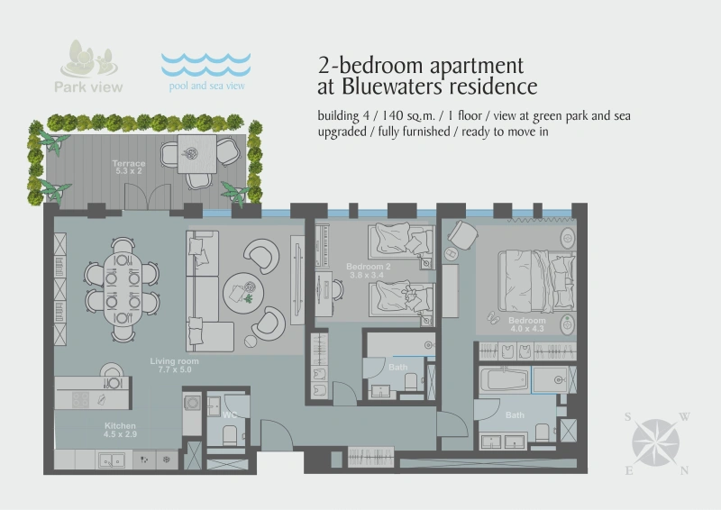 Traumhafte 3-Zimmer-Wohnung in Bluewaters Residences 4 mit Terrasse, Pool- und Meerblick!