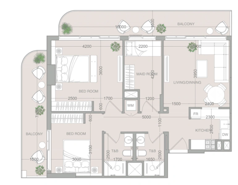 Wohnung mit zwei Schlafzimmern und Dienstmädchenzimmer