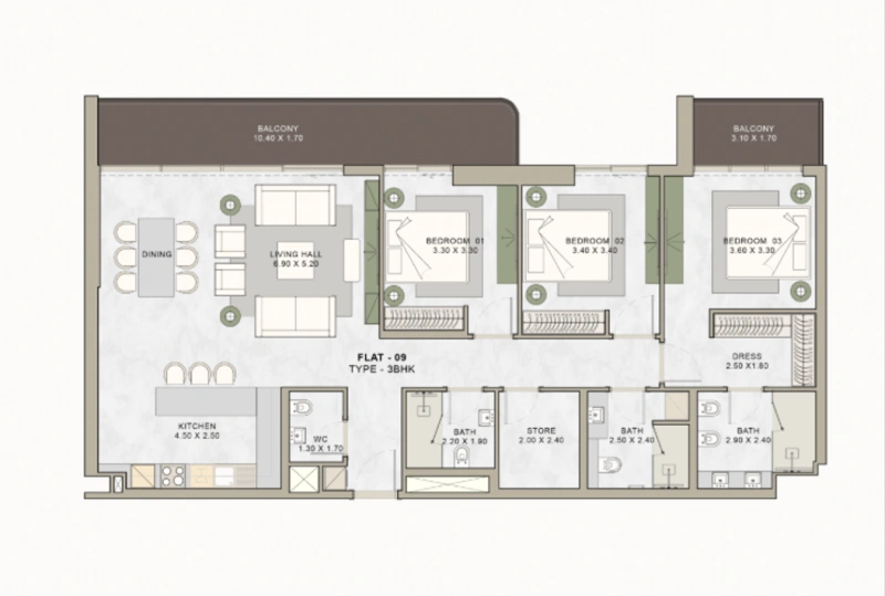Geräumige 3-Schlafzimmer-Wohnung mit großem Grundriss
