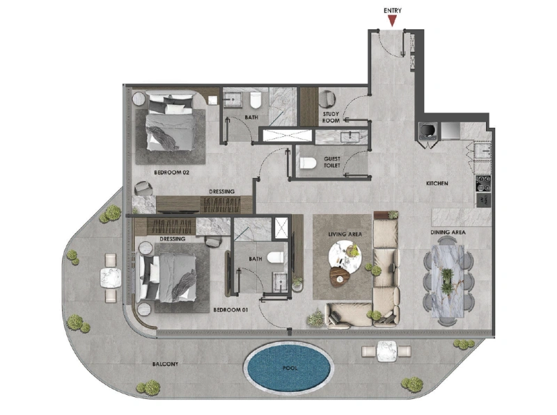 Luxuriöses 2-Zimmer-Apartment mit Meerblick und privatem Pool auf dem Balkon