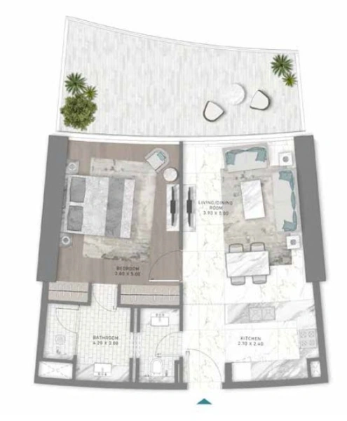 Luxuriöses 1-Zimmer-Apartment mit großem Balkon und bodentiefen Fenstern in zentraler Lage