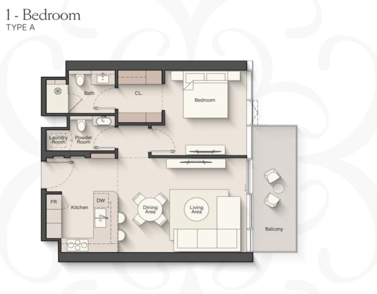 Stilvolle Wohnung mit einem Schlafzimmer und modernem Design