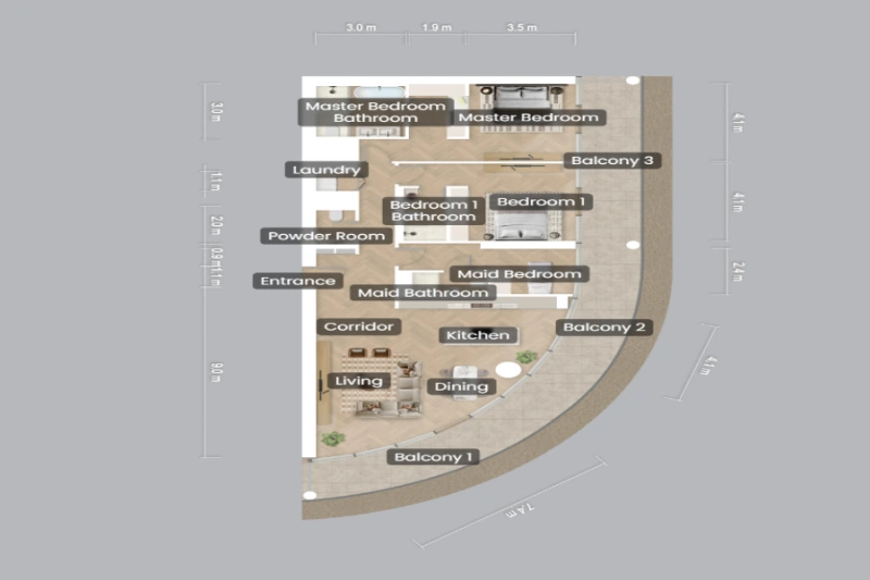 Drei Schlafzimmer mit Dienstmädchenzimmer & Arbeitszimmer
