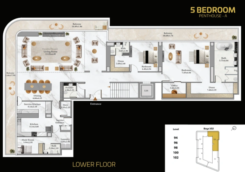 Ultra-luxuriöses 5-Schlafzimmer-Penthouse mit riesigem Grundriss und atemberaubender Aussicht