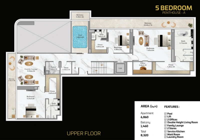 Ultra-luxuriöses 5-Schlafzimmer-Penthouse mit riesigem Grundriss und atemberaubender Aussicht