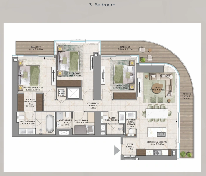 Atemberaubende 3-Zimmer-Wohnung mit Dienstmädchen Zimmer mit elegantem Design