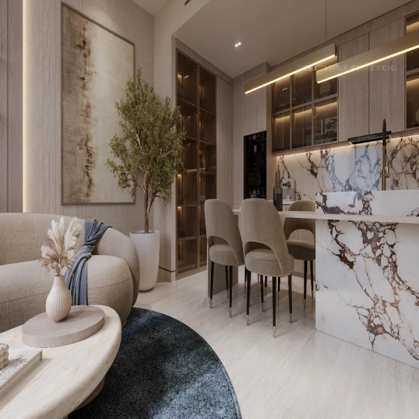 Appartement élégant d'une chambre avec salle d'étude au design moderne