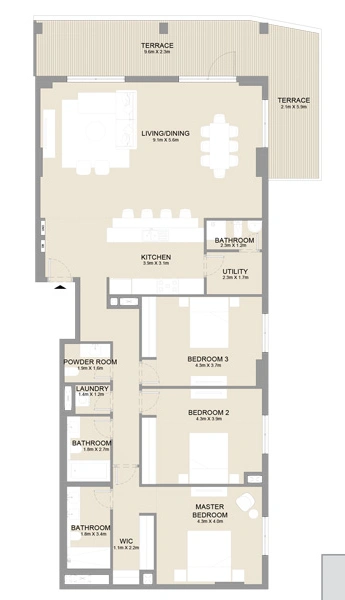 Luxuriöse 3-Zimmer-Wohnung mit direktem Strandzugang.