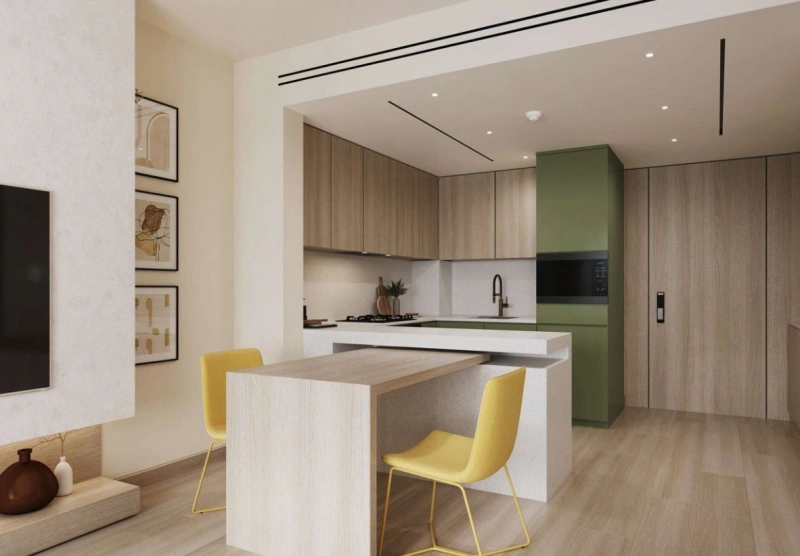 Modernes 1-Schlafzimmer-Apartment: Voll möbliert mit faltbarer Glastrennwand im Wohnzimmer