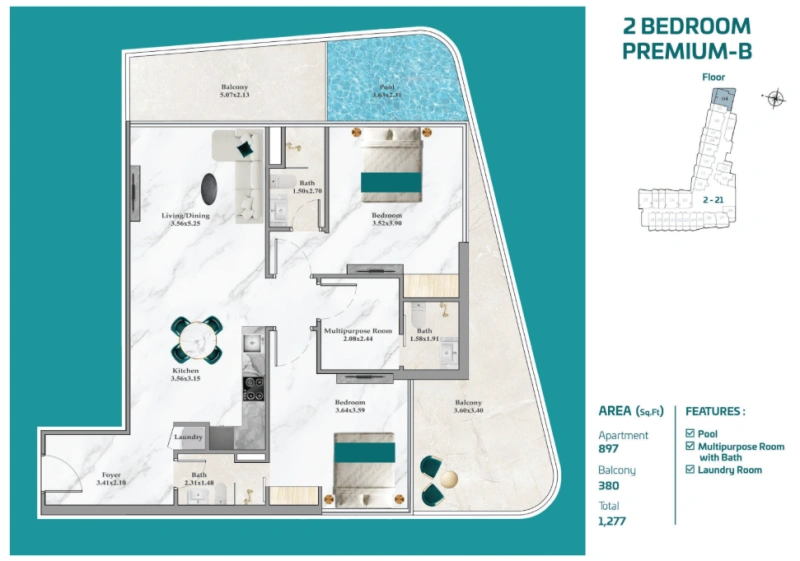 Oceanfront Elegance: 2BR Apartment mit Mehrzweckraum