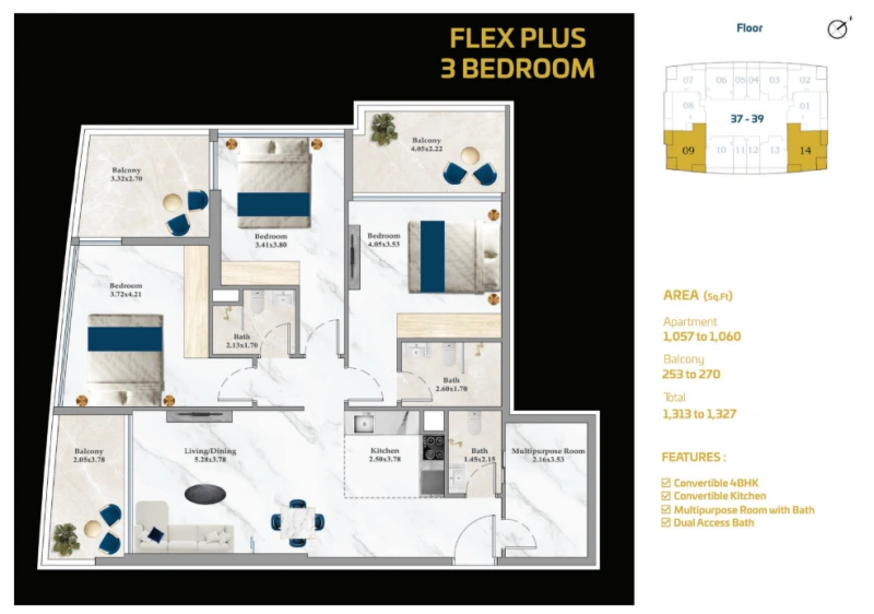Geräumige 3-Bett-Wohnung + Mehrzweckraum | Huge Layout!