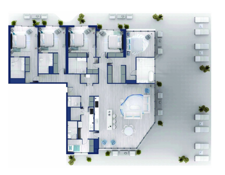 Geräumige Wohnung mit fünf Schlafzimmern, modernem Design und luxuriösen Annehmlichkeiten