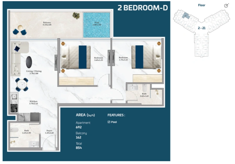 Modernes 2BR Apartment mit privatem Pool in stilvollem Design