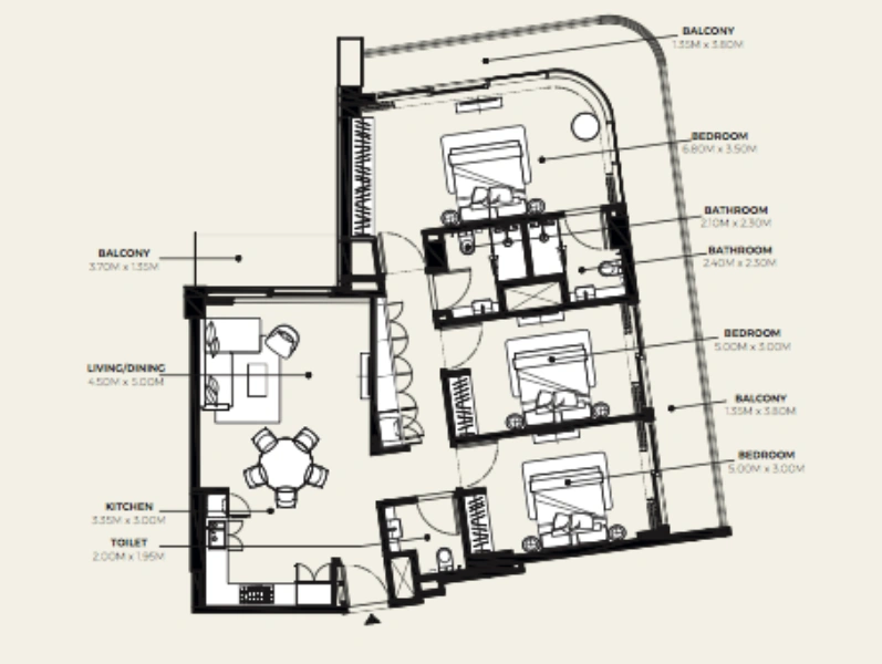 Luxuriöses Apartment mit 3 Schlafzimmern in einer ikonischen Lage