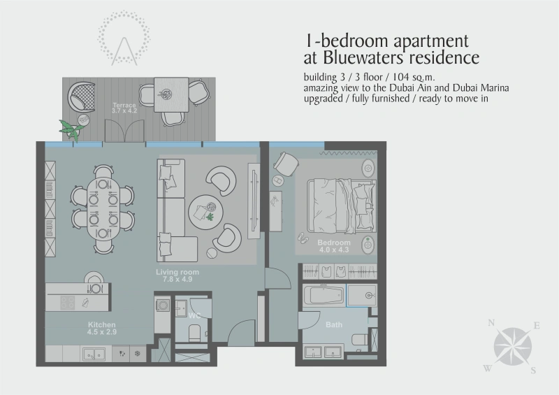 Modernes Apartment mit Blick auf Ain Dubai in Bluewaters Residence 3. Luxusmöbel & grüne Terrasse.