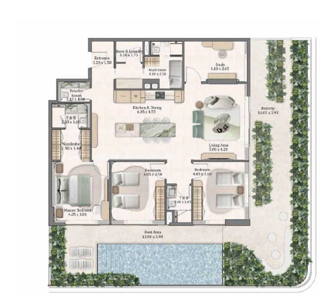 Luxuriöses 3-Zimmer-Apartment mit Arbeitszimmer, Hausmädchen-Zimmer und Privatpool auf dem Balkon