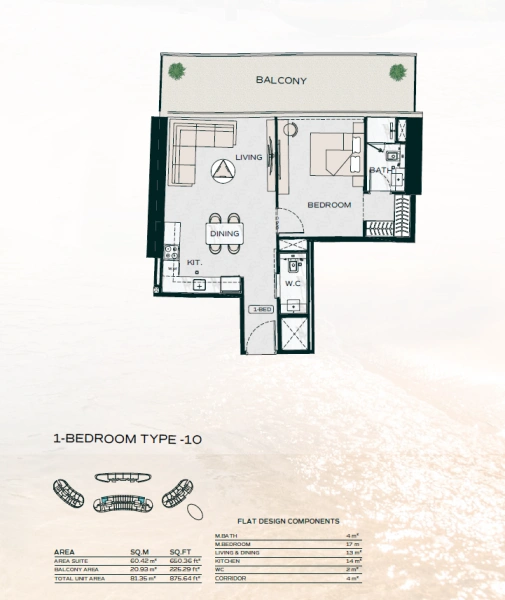 Luxuriöses Apartment mit 1 Schlafzimmer und riesigem Balkon mit künstlichem Meerblick
