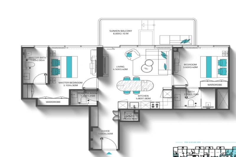Stilvolle Wohnung mit zwei Schlafzimmern und modernem Design