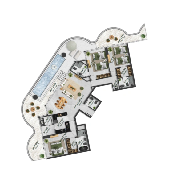 Modernes Apartment mit 3 Schlafzimmern, privatem Pool und stilvollem Design.