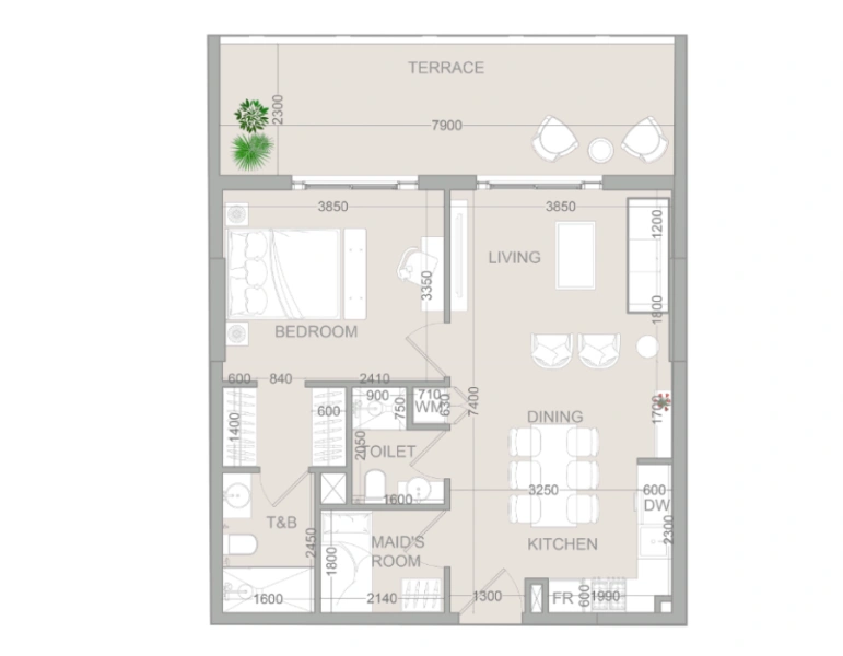Stilvolle Ein-Zimmer-Wohnung mit Dienstmädchenzimmer in modernem Design