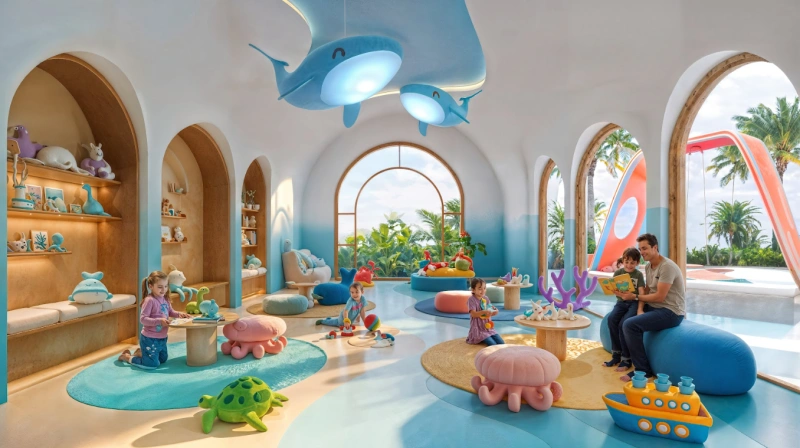 Estudio de lujo con ambiente de complejo turístico.