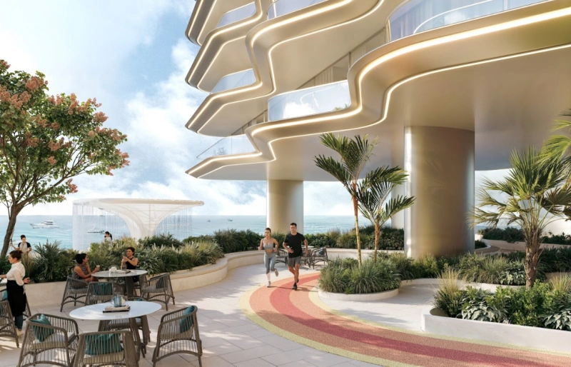 Estudio de lujo con ambiente de complejo turístico.