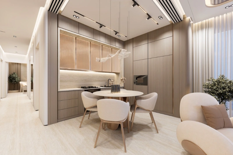 Estudio de lujo con ambiente de complejo turístico.