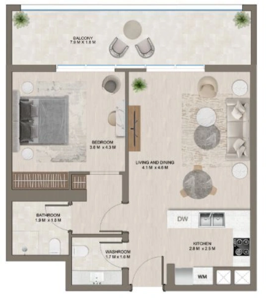 Modernes 1-Zimmer-Apartment mit Smart Home System und deutschen Sanitär Objekten