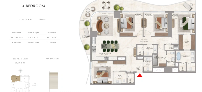 Luxuriöses 4-Schlafzimmer-Apartment mit riesigem Balkon und Zimmer für Bedienstete