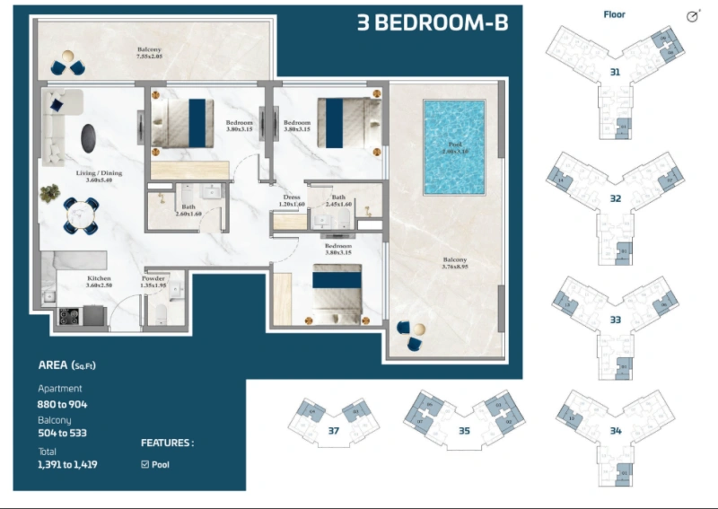 Luxuriöses 3-Schlafzimmer-Apartment mit privatem Pool - Ihr ultimativer Rückzugsort zum Entspannen