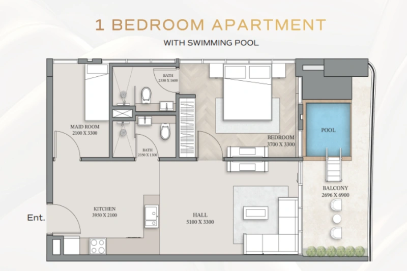 Appartement mit einem Schlafzimmer, Dienstmädchenzimmer und Schwimmbad