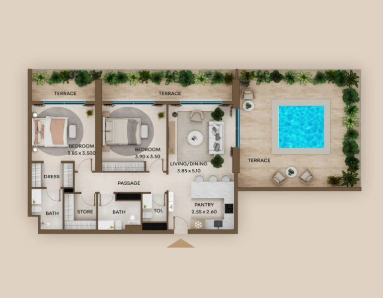 Atemberaubende Zwei-Zimmer-Wohnung mit Abstellraum, Tauchbecken und Panoramablick