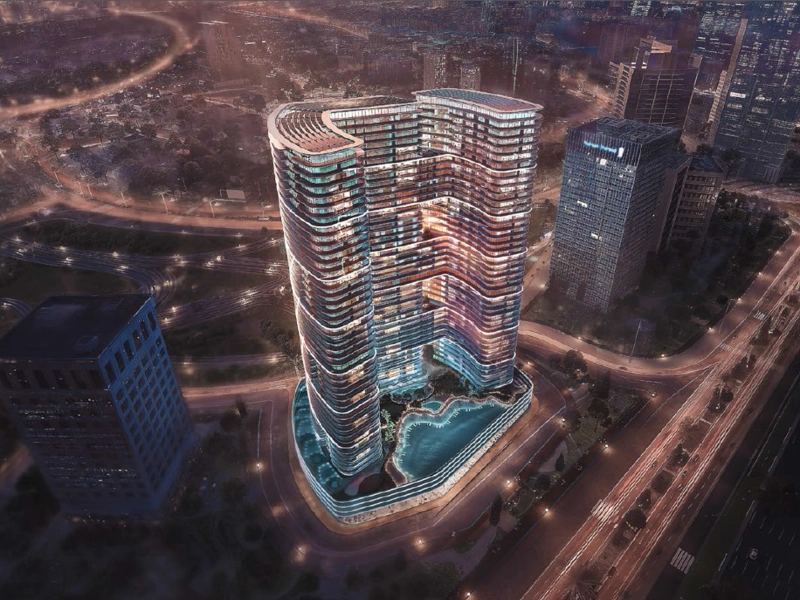 Luxuriöses 1-Zimmer-Apartment mit Blick auf die Skyline im oberen Stockwerk