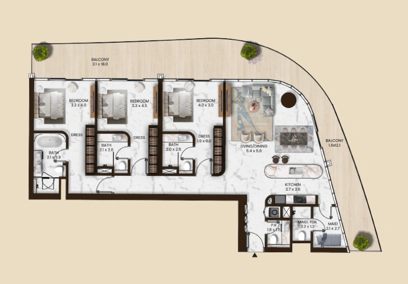 Geräumige 3-Zimmer-Wohnung mit Zimmer für das Personal und eigenem Bad - Großzügiges Layout.