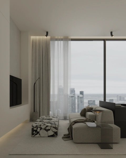 Moderne Studio Wohnung mit Blick auf skyline und Rooftop Infinity Pool!