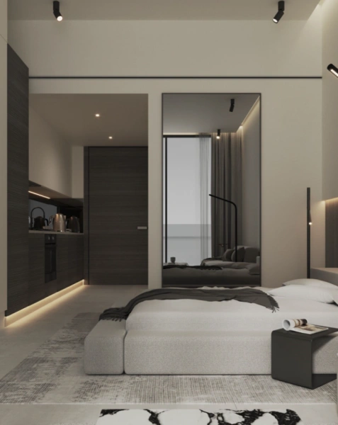 Moderne Studio Wohnung mit Blick auf skyline und Rooftop Infinity Pool!