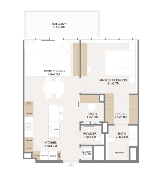 Modernes 1-Schlafzimmer-Apartment mit Arbeitszimmer auf der neuesten Insel