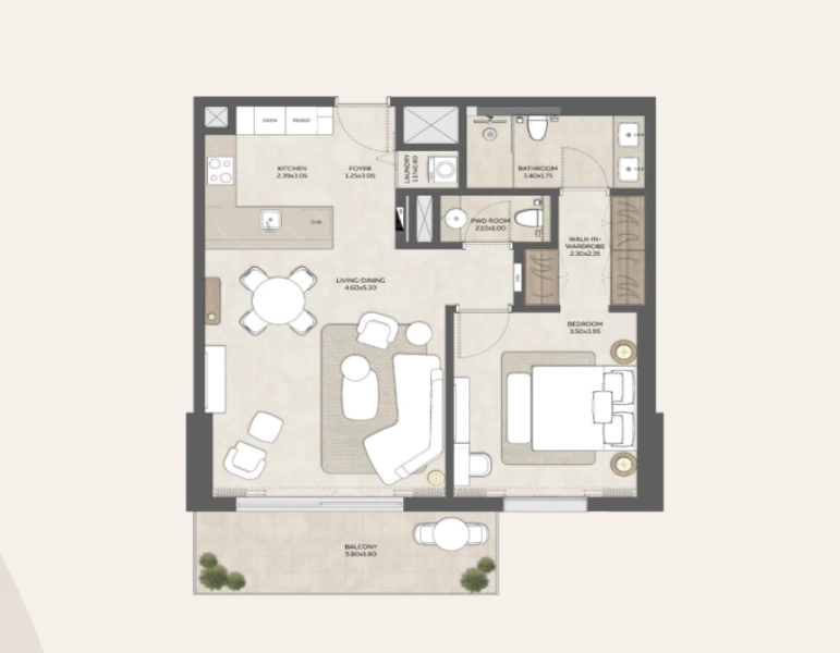 Stilvolles Apartment mit einem Schlafzimmer und modernen Designmerkmalen in bester Lage