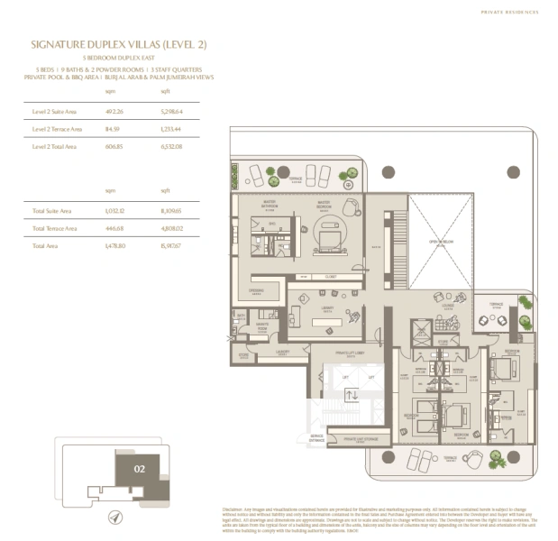 Luxuriöse 5-Zimmer-Duplex-Sky-Villa mit Dienstbotenzimmer und riesigem Balkon mit privatem Pool