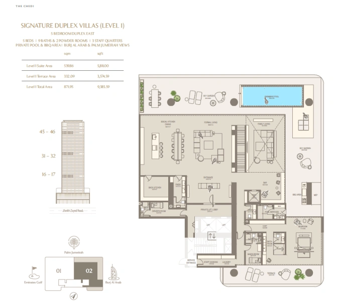Luxuriöse 5-Zimmer-Duplex-Sky-Villa mit Dienstbotenzimmer und riesigem Balkon mit privatem Pool