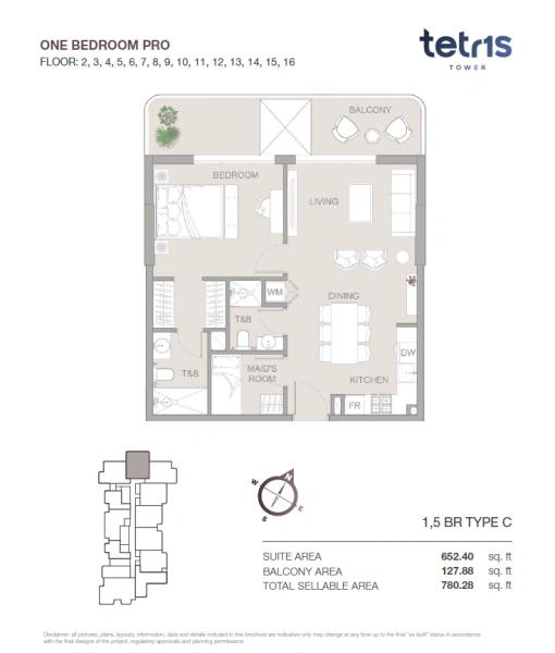 Appartement spacieux avec 1 chambre à coucher et chambre pour le personnel, y compris un grand balcon, salon