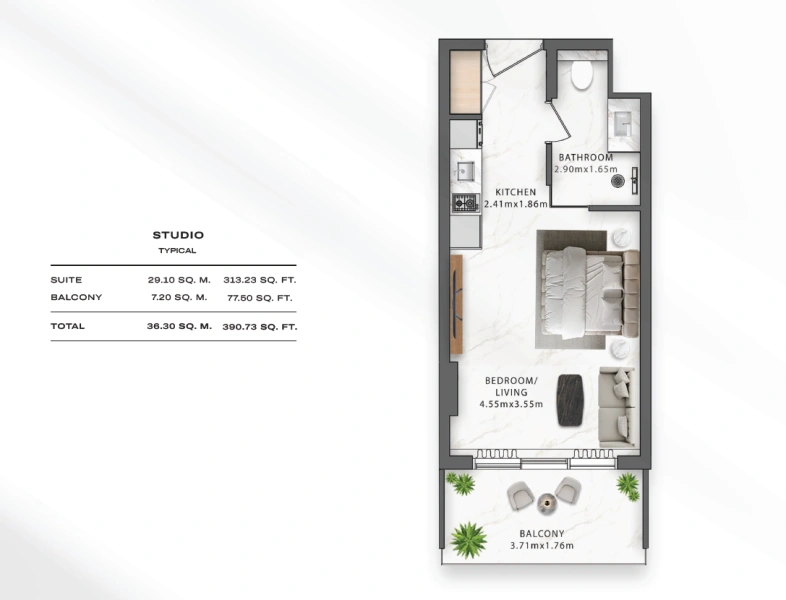 Modernes Studio-Apartment mit voller Ausstattung und tollen Annehmlichkeiten.