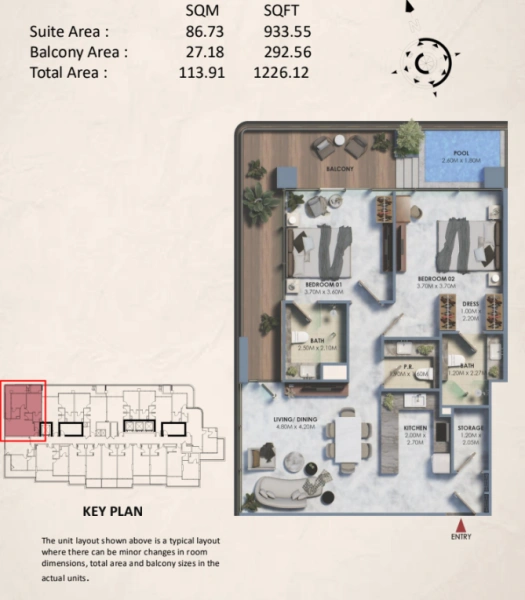 Luxuriöses 2-Zimmer-Apartment mit privatem Pool und modernem Design.